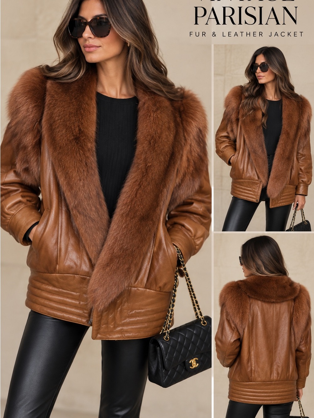 Women's Tan Leather Jacket with Fur Trim